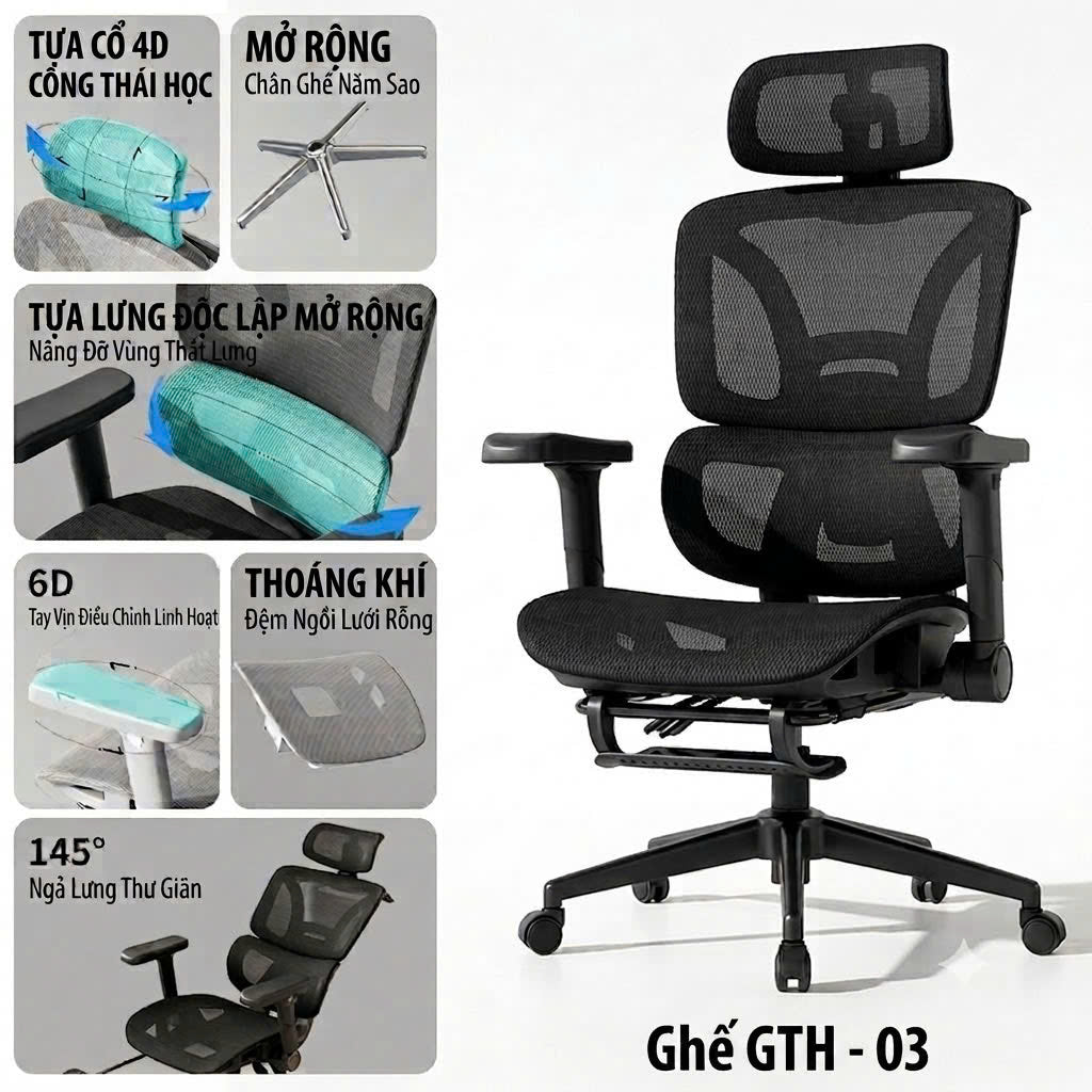[BẢN GTH-003] Ghế Công Thái Học Ergonomic Cao Cấp ISUNI, Tựa Lưng Nâng Đỡ Thắt Lưng , Tựa Đầu 6 Hướng