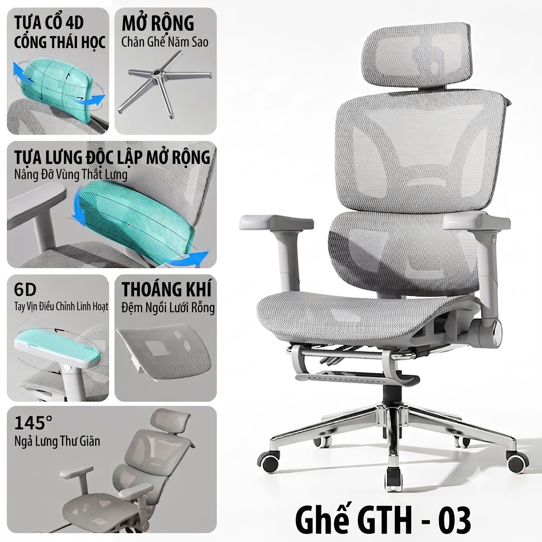 [BẢN GTH-003] Ghế Công Thái Học Ergonomic Cao Cấp ISUNI, Tựa Lưng Nâng Đỡ Thắt Lưng , Tựa Đầu 6 Hướng