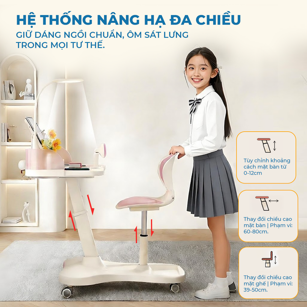 Bàn Ghế Học Sinh ISUNI Công Thái Học Chống Gù Lưng Cho Bé 6-10 Tuổi, Khung Thép Điều Chỉnh Độ Cao