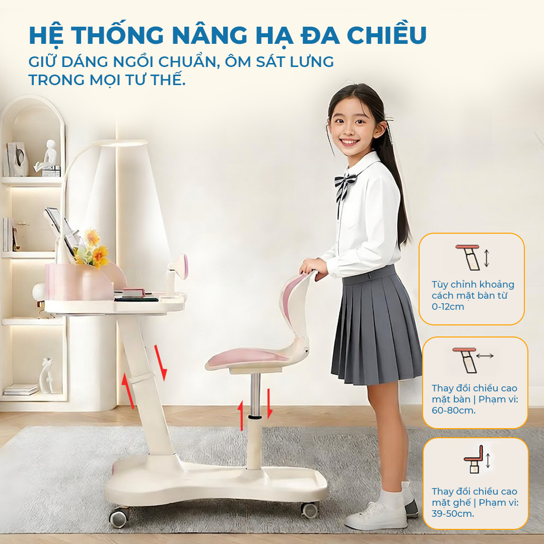 Bàn Ghế Học Sinh ISUNI Công Thái Học Chống Gù Lưng Cho Bé 6-10 Tuổi, Khung Thép Điều Chỉnh Độ Cao