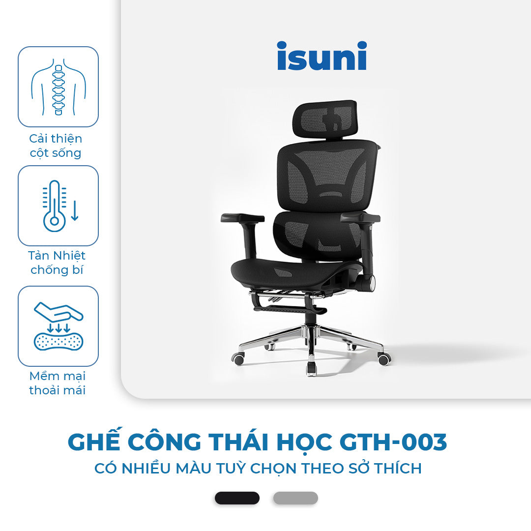 [BẢN GTH-003] Ghế Công Thái Học Ergonomic Cao Cấp ISUNI, Tựa Lưng Nâng Đỡ Thắt Lưng , Tựa Đầu 6 Hướng