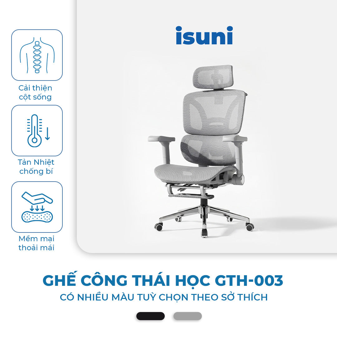 [BẢN GTH-003] Ghế Công Thái Học Ergonomic Cao Cấp ISUNI, Tựa Lưng Nâng Đỡ Thắt Lưng , Tựa Đầu 6 Hướng