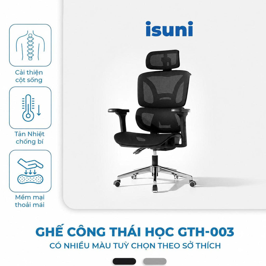 [BẢN GTH-003] Ghế Công Thái Học Ergonomic Cao Cấp ISUNI, Tựa Lưng Nâng Đỡ Thắt Lưng , Tựa Đầu 6 Hướng