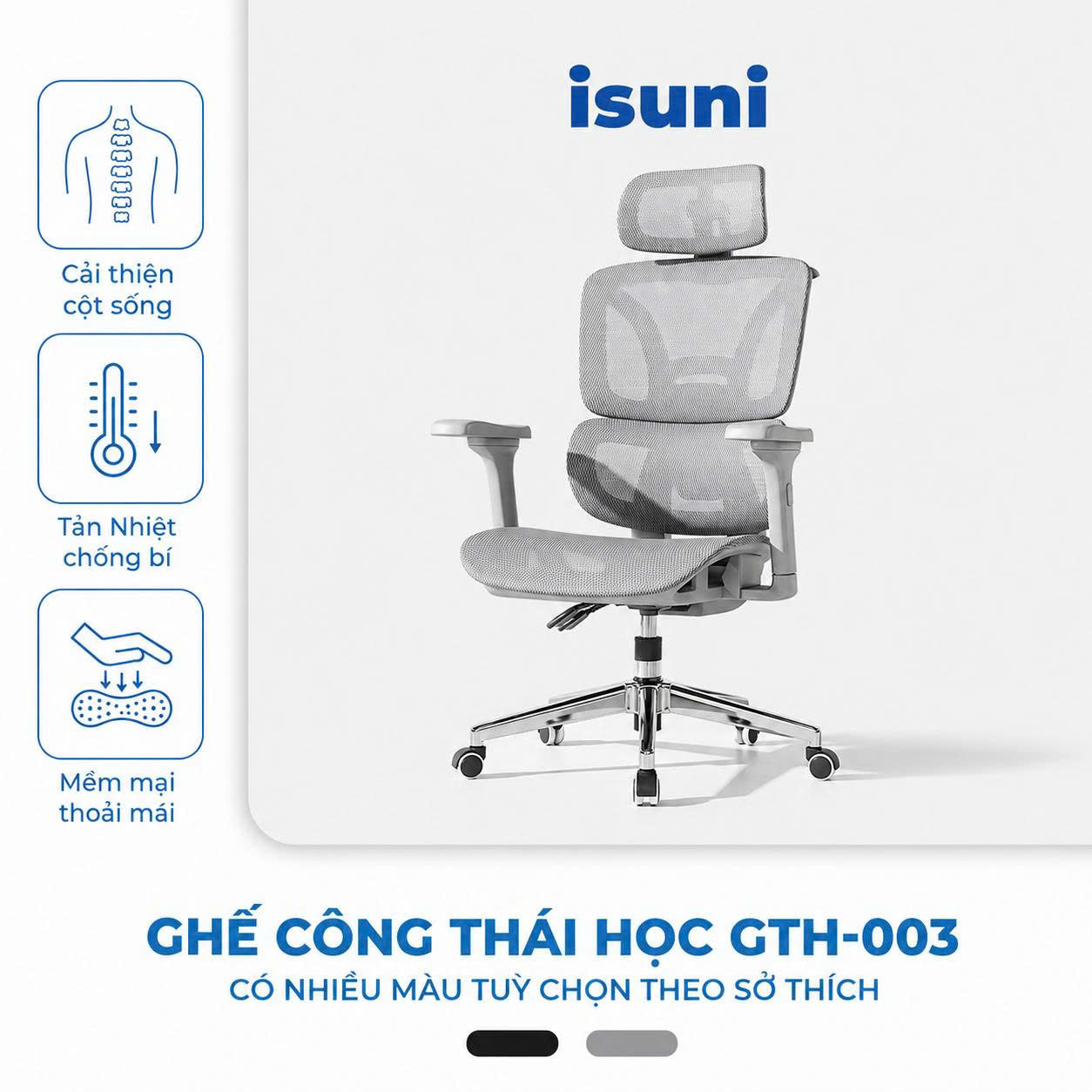 [BẢN GTH-003] Ghế Công Thái Học Ergonomic Cao Cấp ISUNI, Tựa Lưng Nâng Đỡ Thắt Lưng , Tựa Đầu 6 Hướng